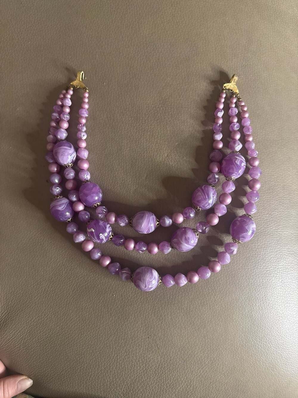Vintage 1950s Lavender Swirl Lucite and Moonglow Bead 3-Strand Statement Necklac